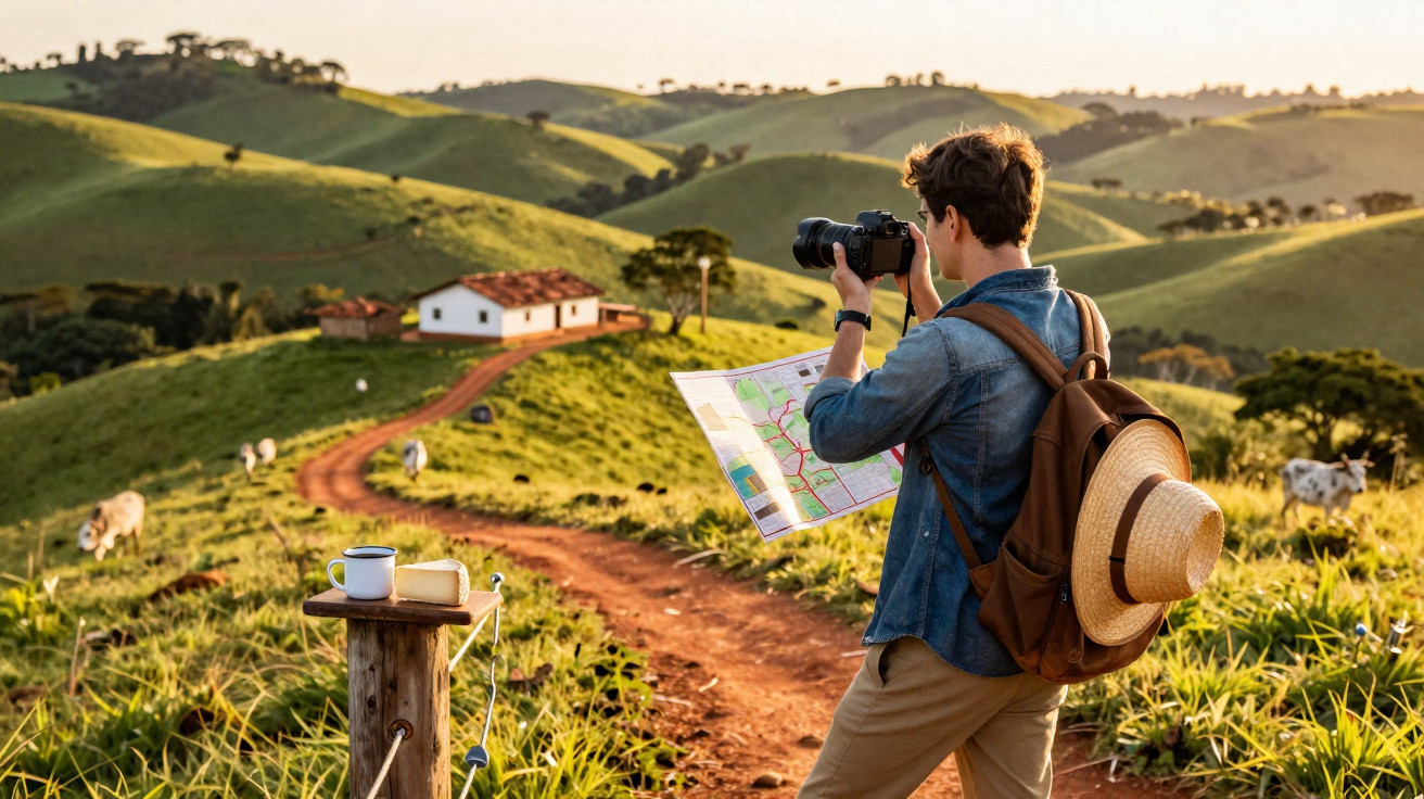 Jovem com mochila e chapéu fotografa paisagem rural com colinas verdes e casa ao fundo ao pôr do sol.