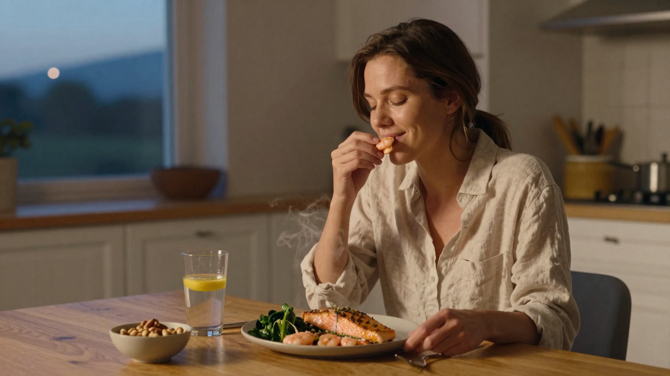 Mulher sentada a saborear uma refeição quente com salmão, legumes e camarões numa cozinha luminosa.
