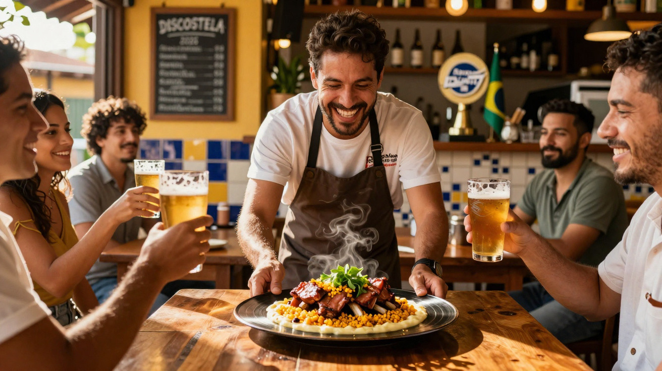 Grupo de pessoas a brindar com cerveja enquanto um empregado serve prato de comida fumegante.