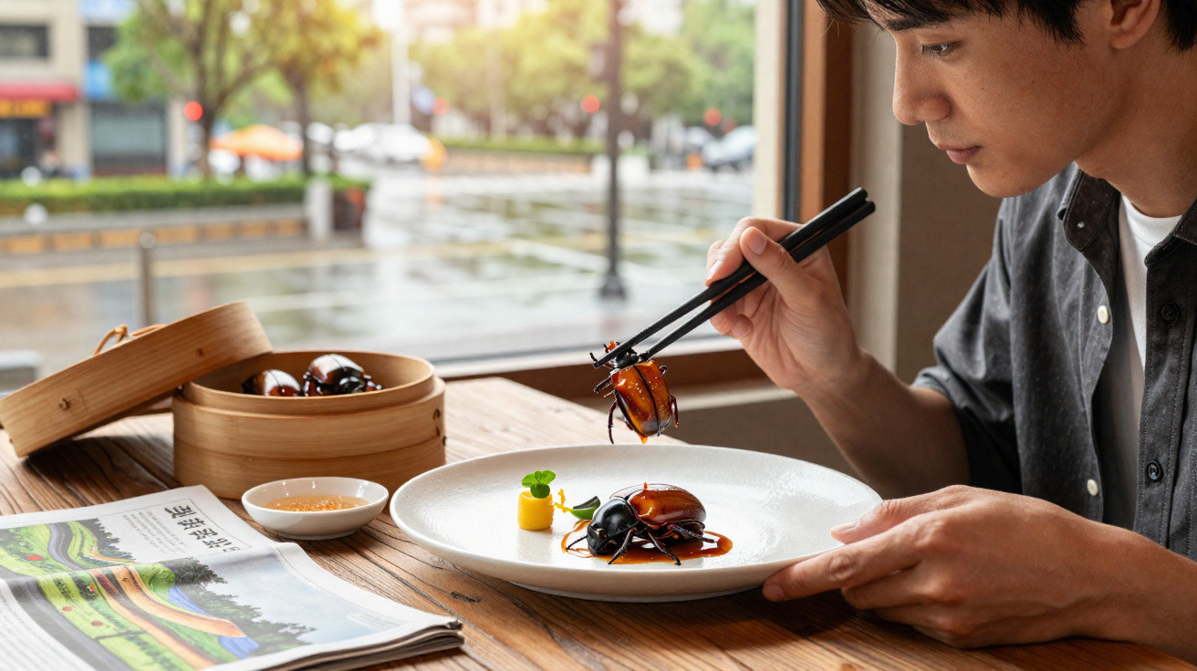 Pessoa a segurar um prato com utensílios chopsticks e comida servida que parece insetos caramelizados.