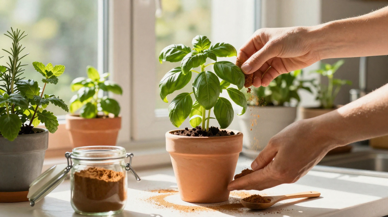 Pessoa a pôr fertilizante em vaso de manjericão junto a janela com plantas em vasos.