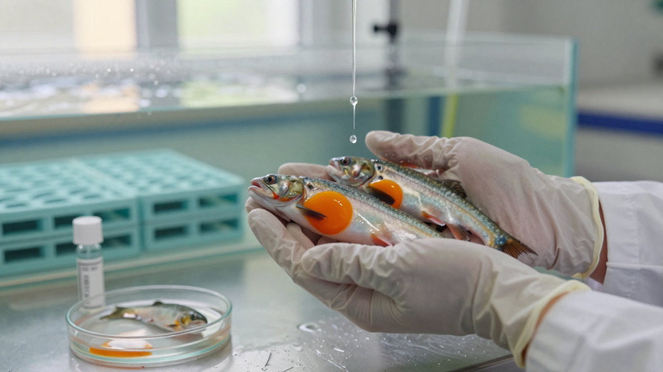 Mãos com luvas seguram peixes com manchas laranja, gota de líquido a cair, em laboratório a examinar.