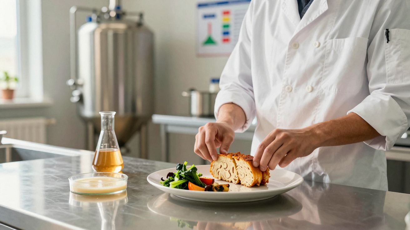 Chef a preparar prato gourmet com legumes e molho em cozinha profissional moderna.