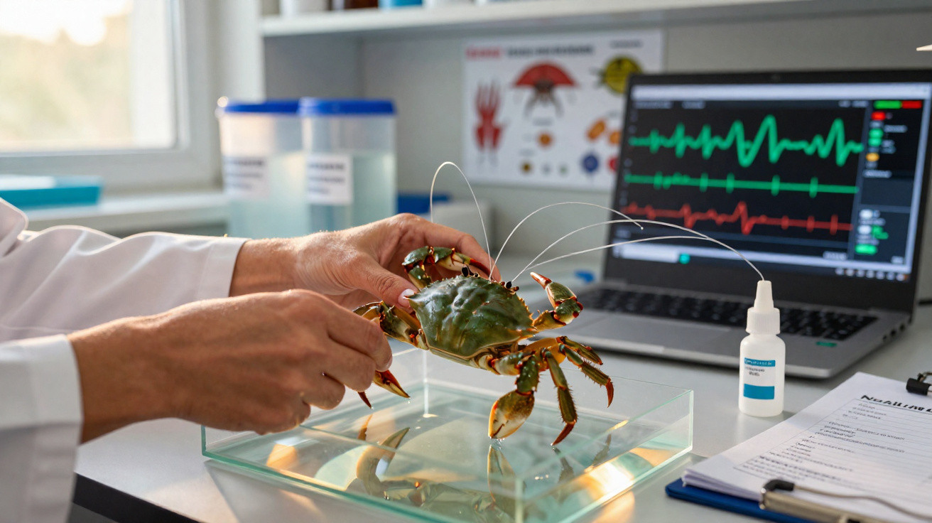 Mãos de cientista seguram caranguejo para estudo com laptop mostrando sinais vitais ao fundo.