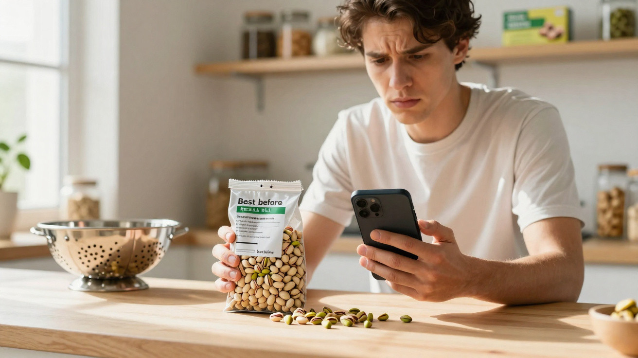 Homem com expressão preocupada lê informação num saco de pipocas junto a smartphone numa cozinha moderna.