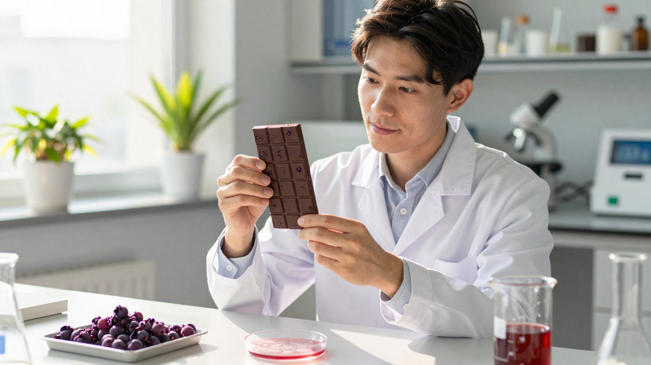 Homem em bata branca analisa barra de chocolate em laboratório com frutos e equipamentos científicos.