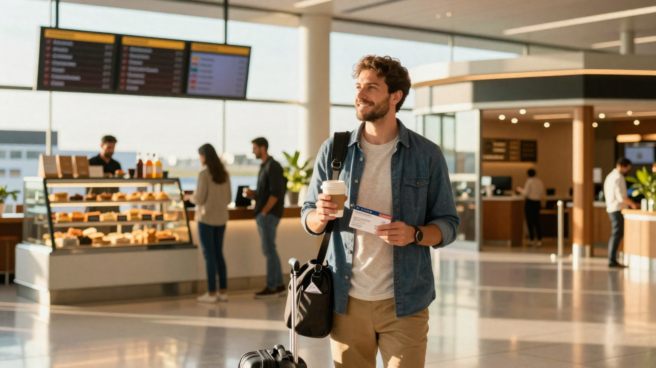 Homem sorridente com bilhete e café na mão num aeroporto, com malas e pessoas ao fundo.