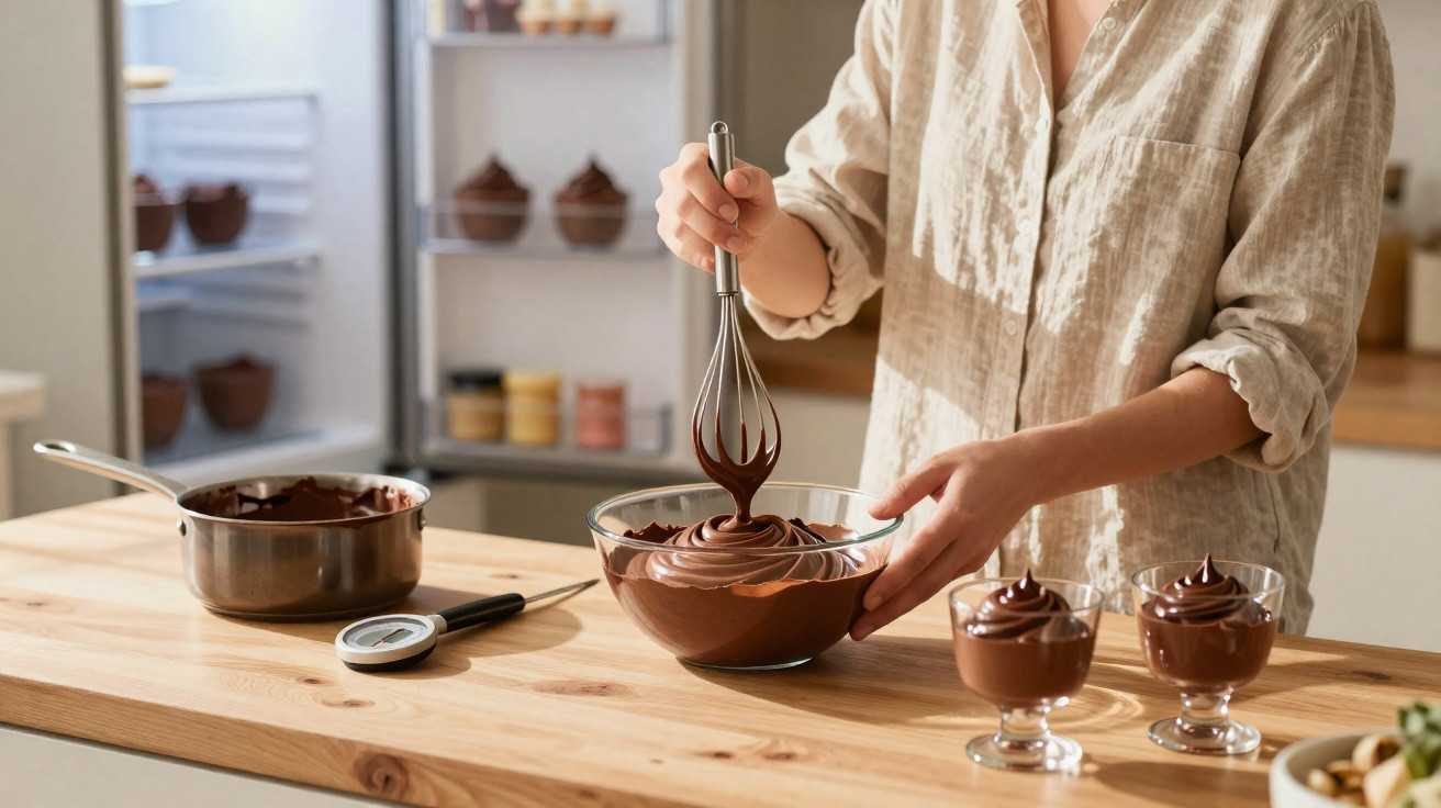 Pessoa a mexer creme de chocolate numa taça com batedor, com taças de mousse e panela na bancada da cozinha.