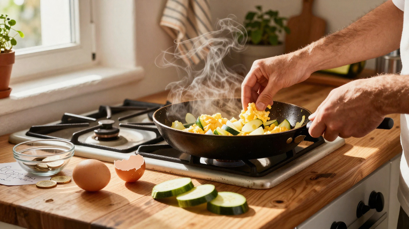 Mãos a cozinhar legumes e ovos numa frigideira sobre fogão a gás numa cozinha com bancada de madeira.