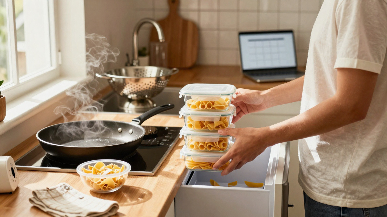 Pessoa a guardar doses de massa em recipientes plásticos numa cozinha iluminada e moderna.