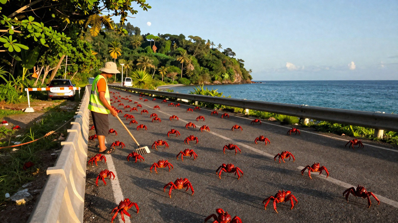 Homem com colete de segurança ajuda caranguejos vermelhos a atravessar a estrada junto ao mar e floresta.