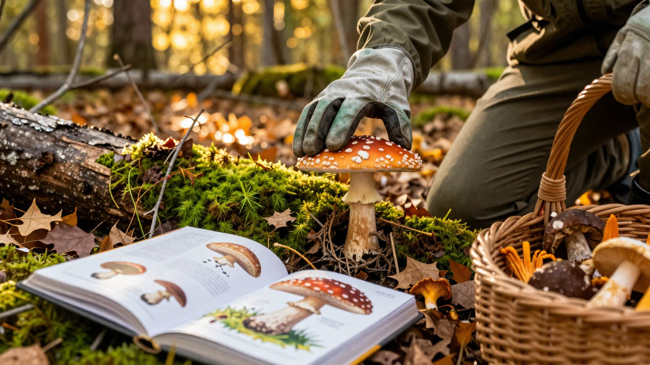 Pessoa com luva identifica cogumelo vermelho com manchas brancas em floresta, com livro e cesto de cogumelos ao lado.