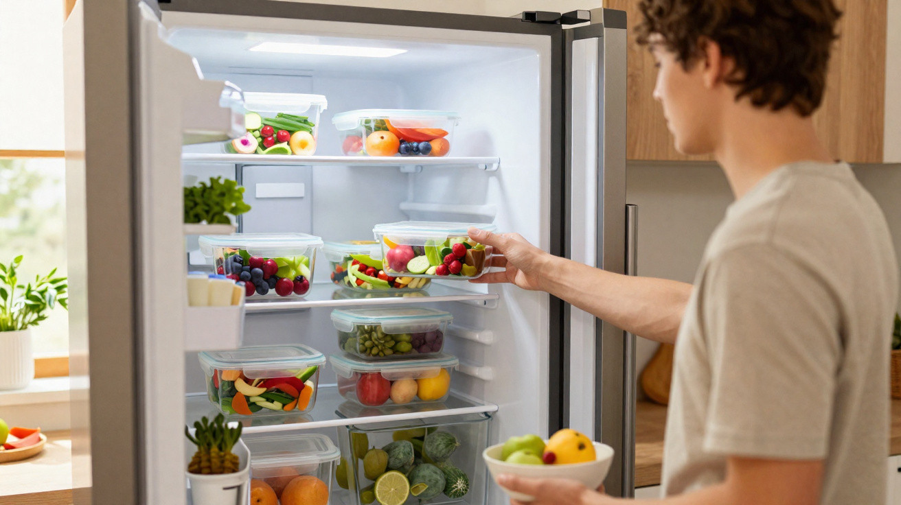 Pessoa a guardar frutas frescas em recipientes transparentes dentro de um frigorífico aberto numa cozinha.