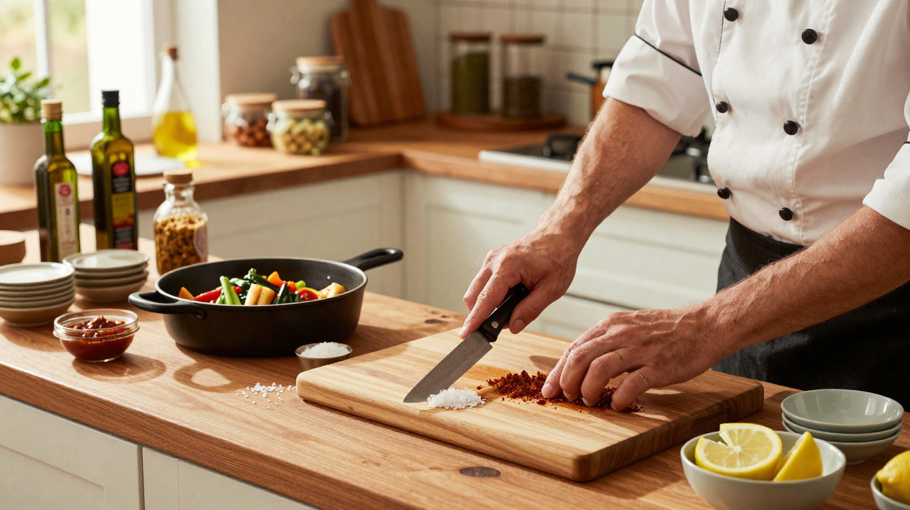 Chef a picar especiarias num tábua de madeira numa cozinha moderna com legumes na frigideira.