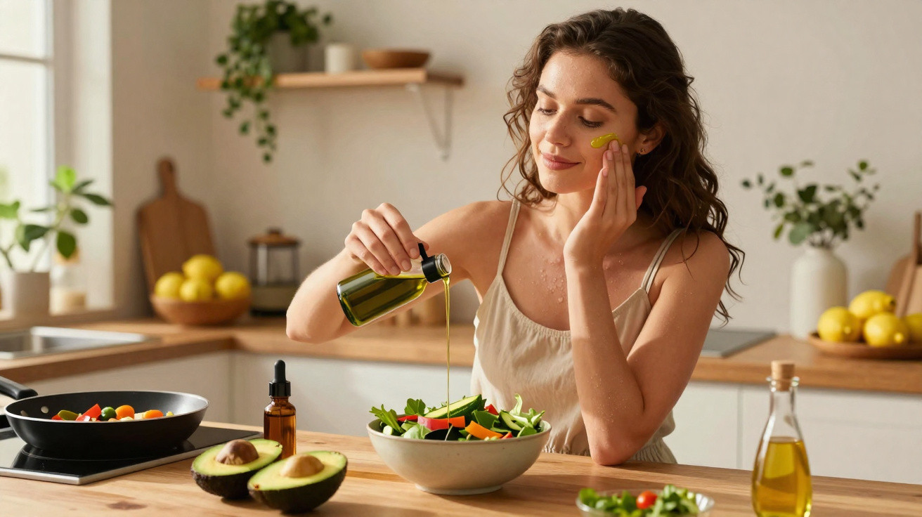 Mulher a temperar salada com azeite numa cozinha luminosa e moderna, com abacates e limões na bancada.