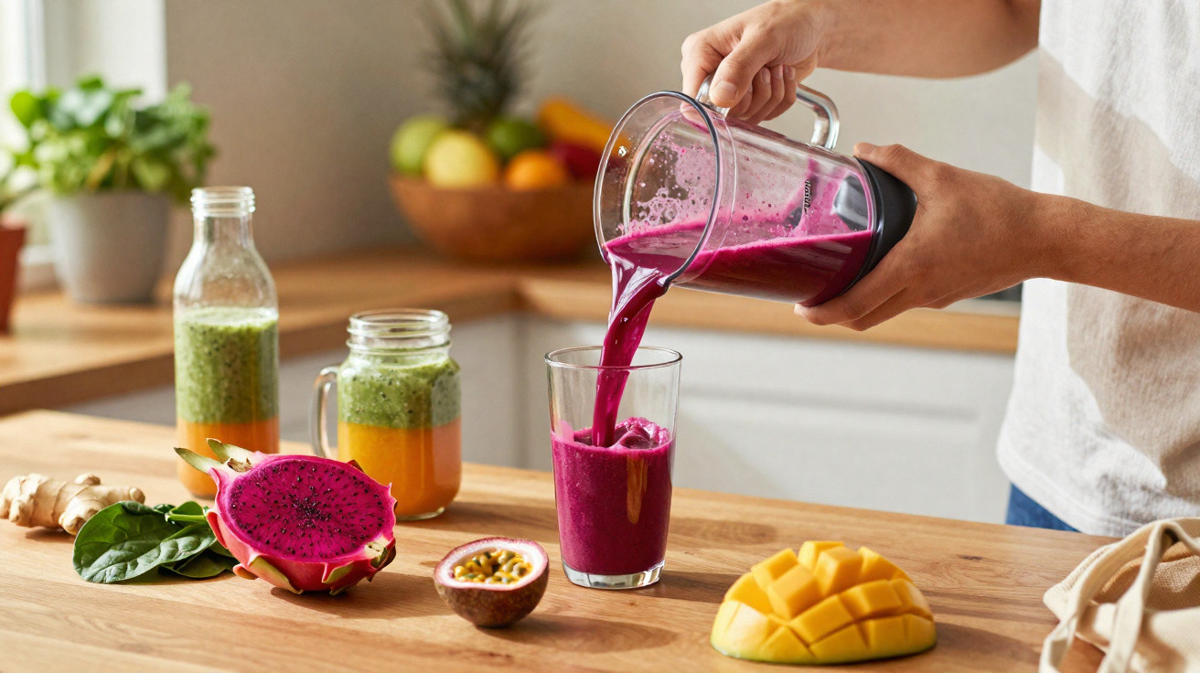 Pessoa a verter smoothie roxo num copo, com frutas tropicais e sumos coloridos numa cozinha.