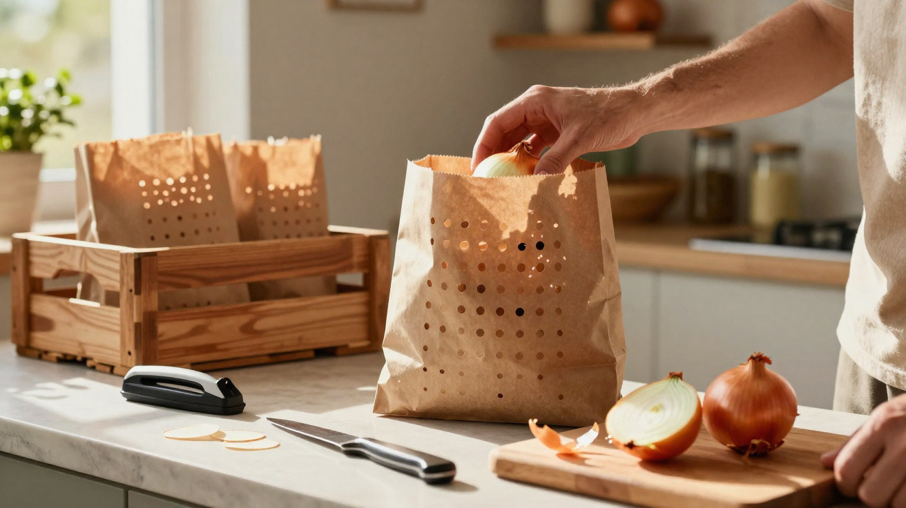 Pessoa a guardar cebolas em saco de papel numa cozinha com luz natural.