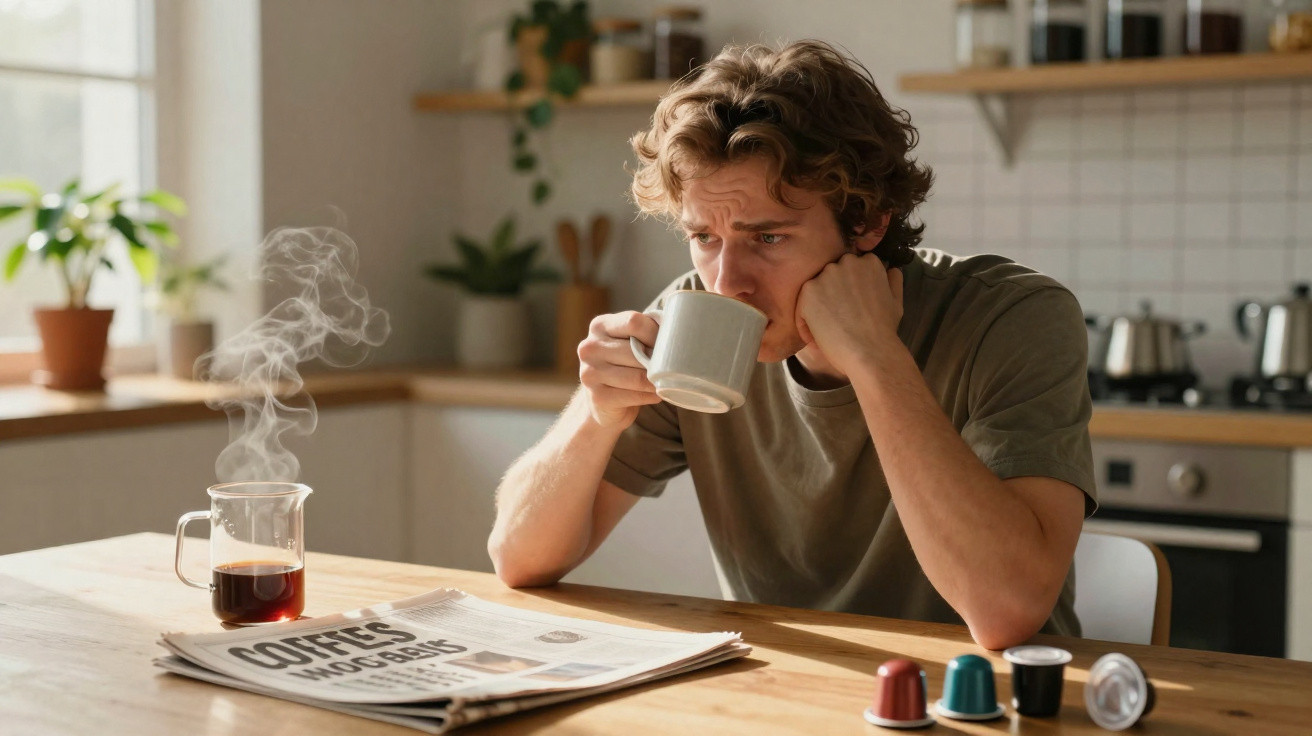 Homem cansado sentado à mesa a beber café, com jornal e cápsulas de café na cozinha iluminada.