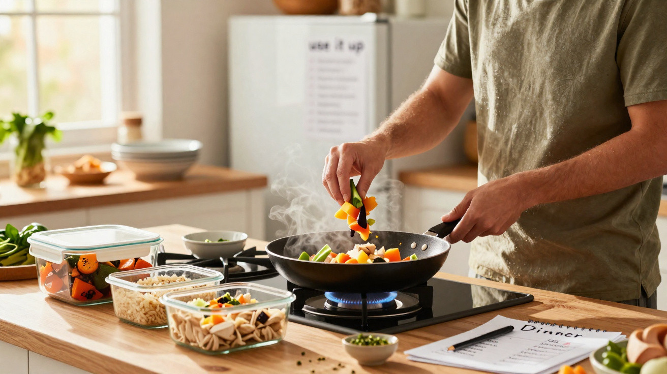 Pessoa a cozinhar legumes numa frigideira com atoalhados em recipientes de plástico na bancada da cozinha.