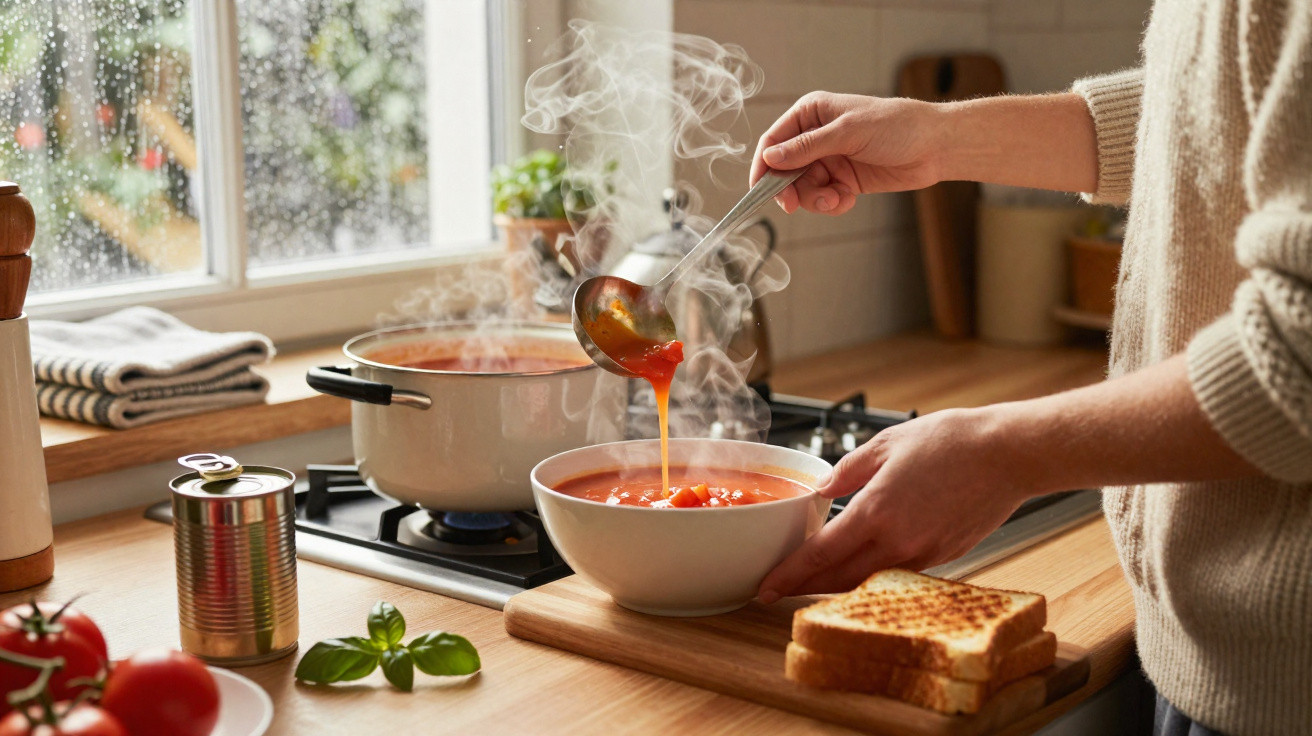 Pessoa a servir sopa quente numa tigela numa cozinha confortável, com torradas ao lado e janela com chuva.