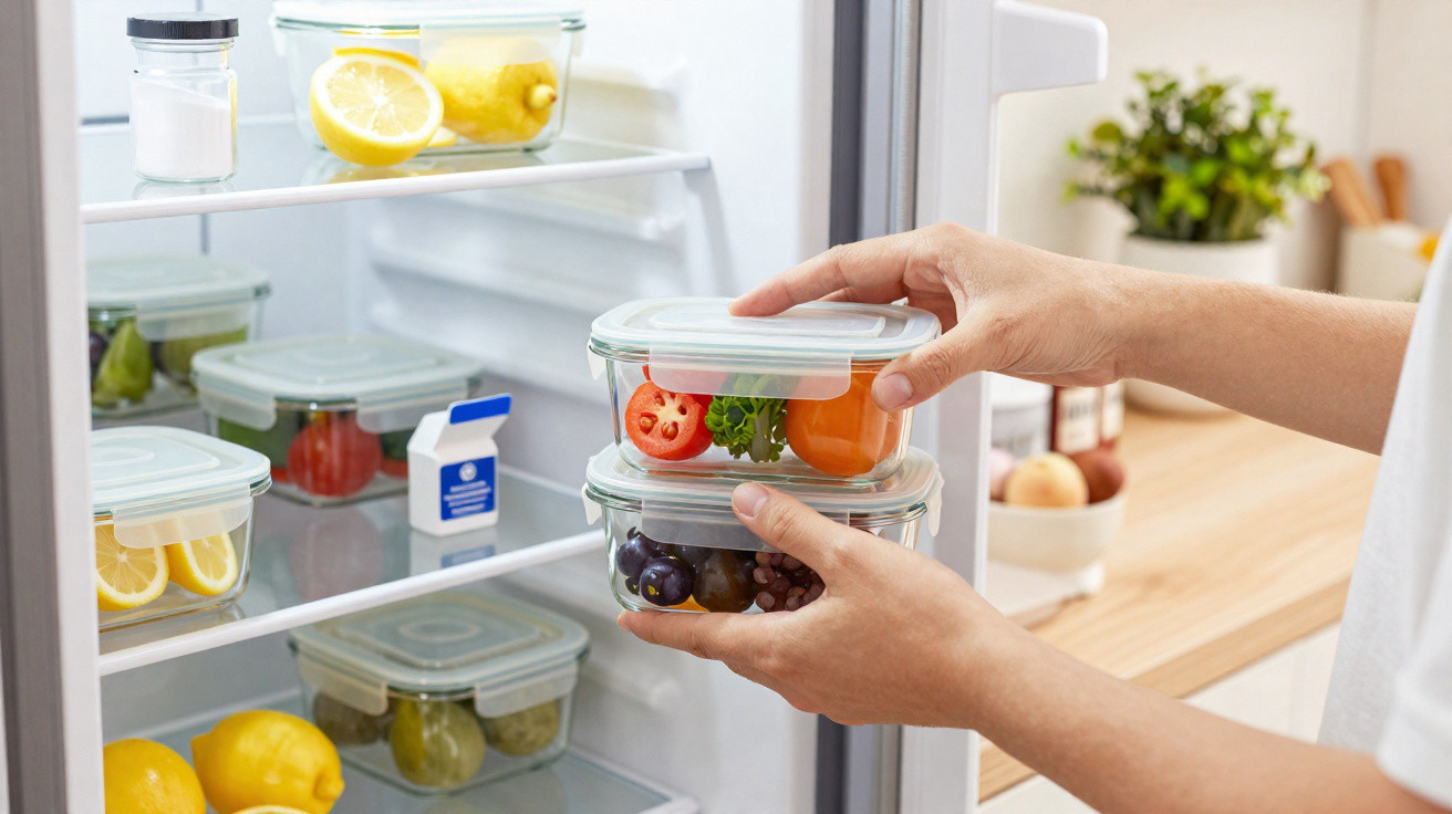 Mãos a guardar alimentos frescos em recipientes de vidro dentro de um frigorífico organizado.