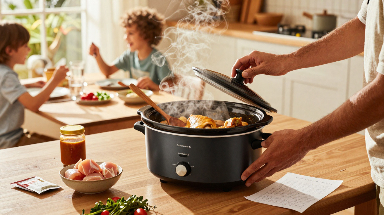 Tacho elétrico a cozinhar alimentos numa cozinha com crianças a comer ao fundo.