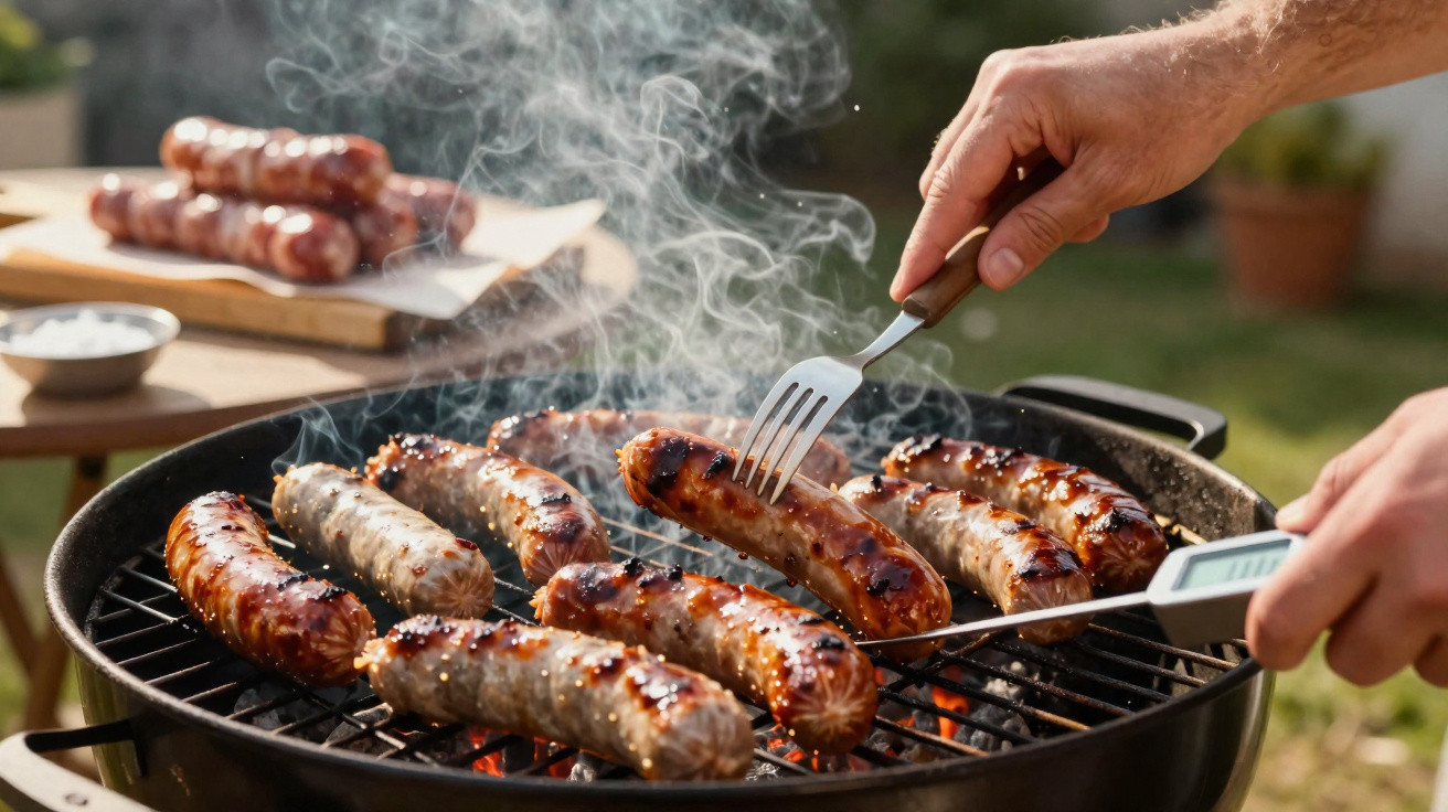 Chouriços a grelhar num churrasco com uma mão a virar e outra a medir a temperatura da carne.