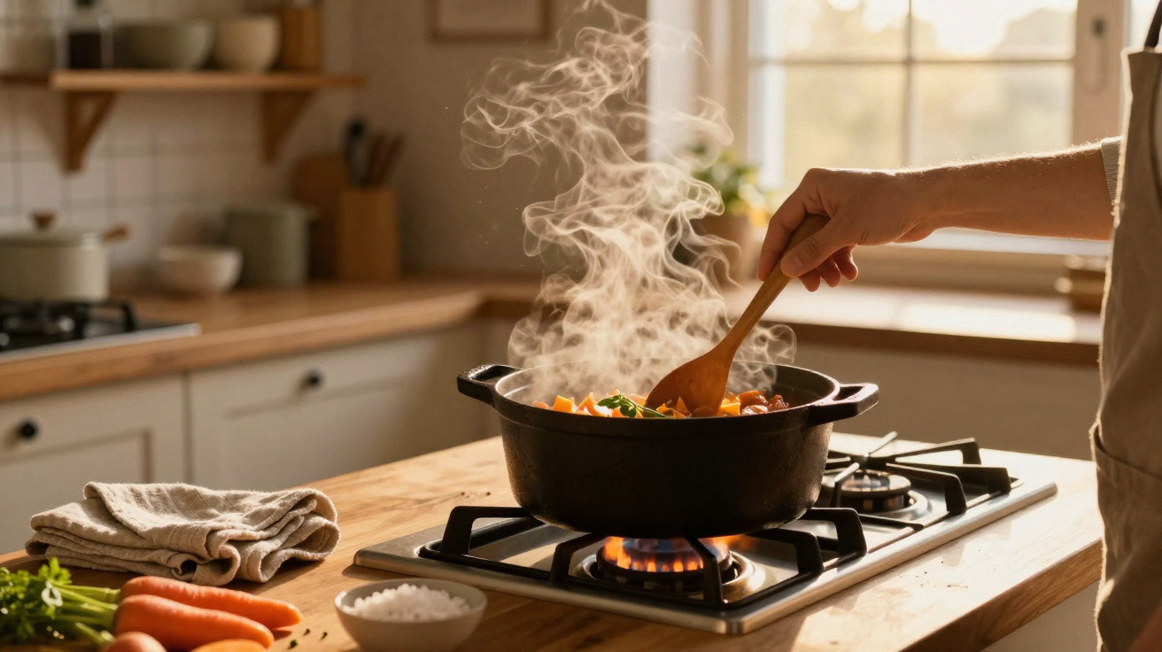 Mão a mexer comida numa panela preta com vapor a sair, num fogão a gás numa cozinha iluminada.