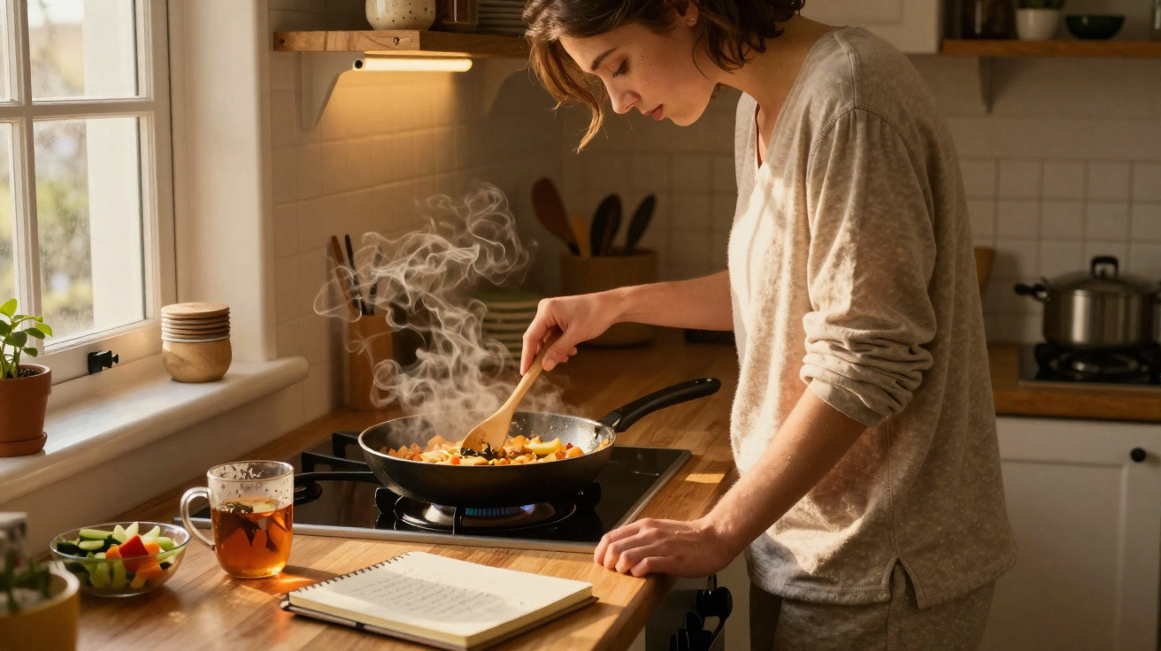 Mulher a cozinhar num tacho ao fogão, com chá e receita aberta na bancada da cozinha.