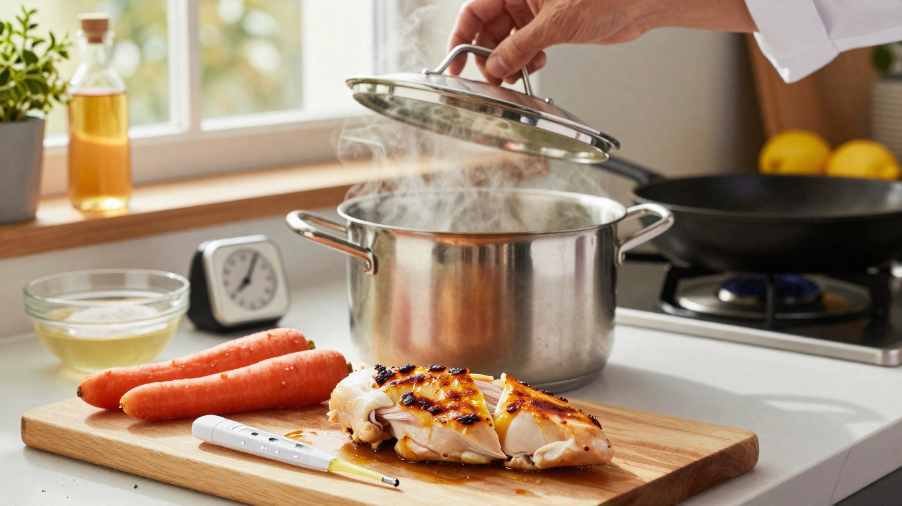 Mão a levantar tampa de panela a ferver, ao lado de tábua com frango grelhado, cenouras e termómetro de cozinha.