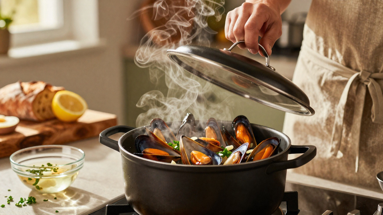 Pessoa a levantar a tampa de uma panela a ferver mexilhão com vapor a sair para a cozinha.
