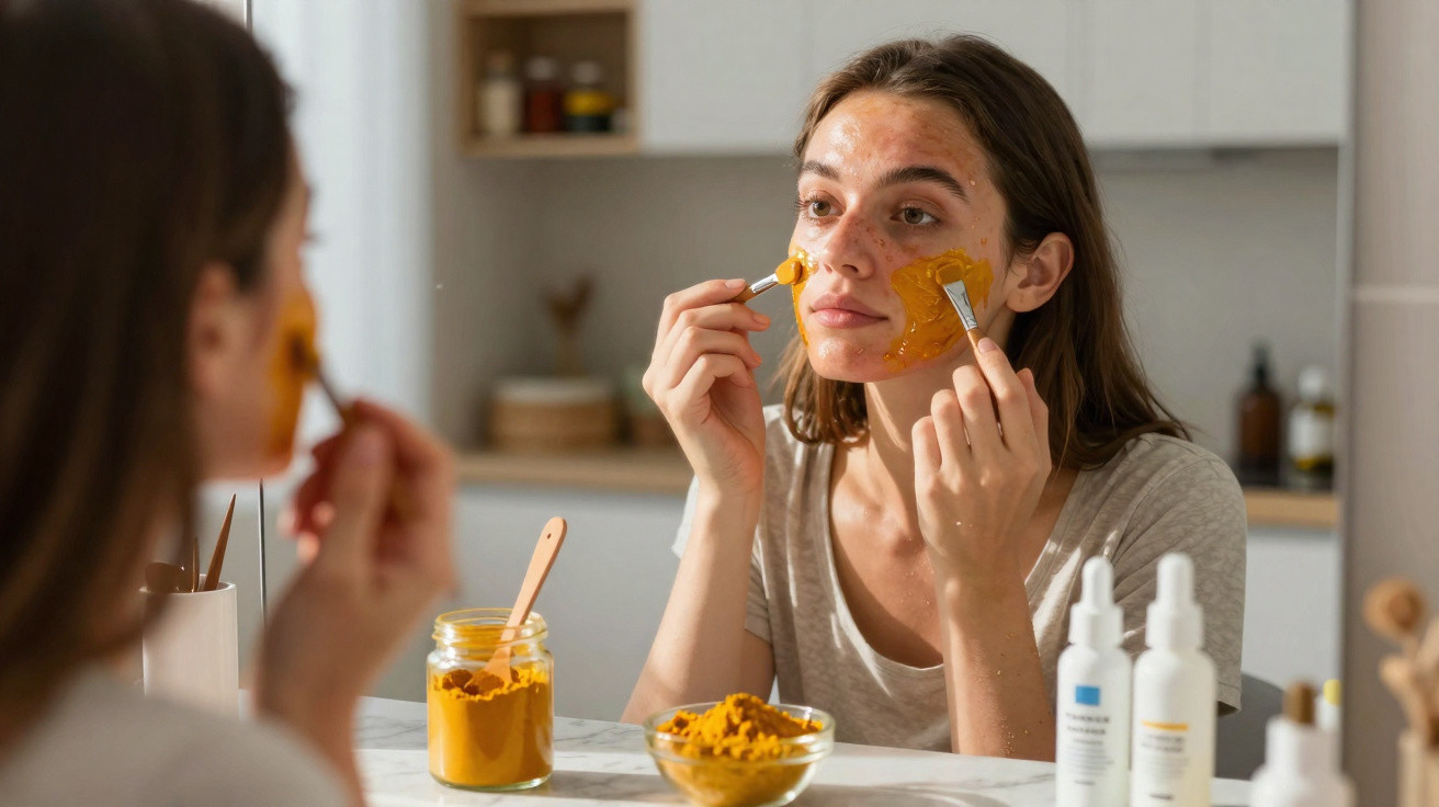 Mulher aplica máscara facial de máscara facial cor laranja no rosto, olhando ao espelho numa casa.