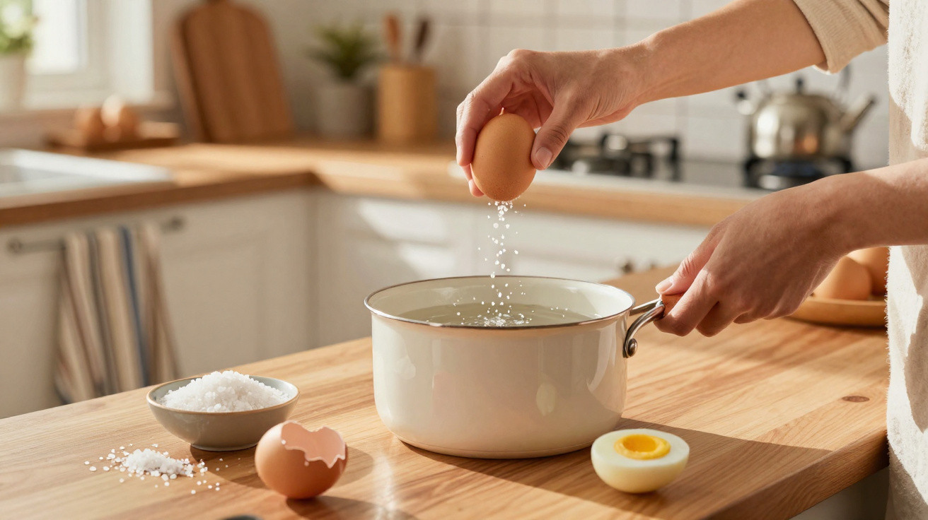 Pessoa a adicionar sal a panela com água para cozer ovo numa cozinha luminosa e arrumada.