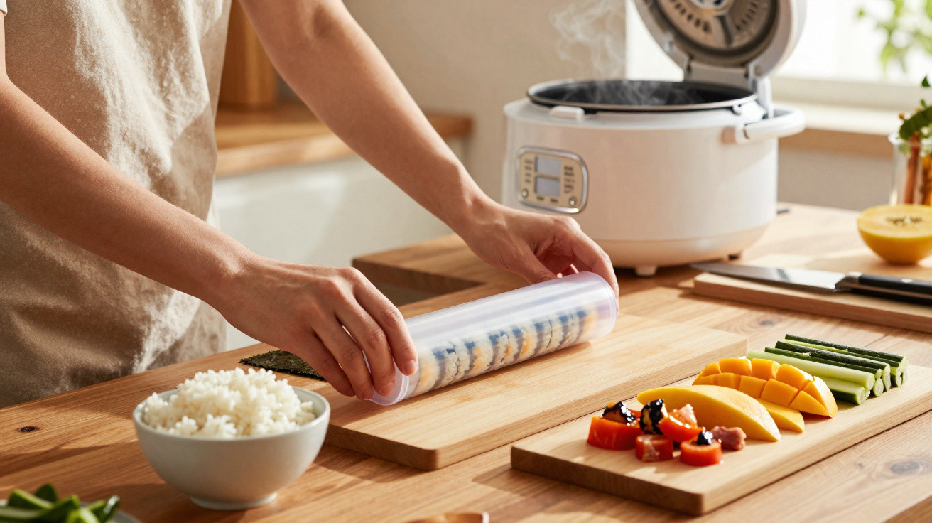 Pessoa a enrolar sushi com ingredientes frescos numa bancada de cozinha com panela elétrica ao fundo.