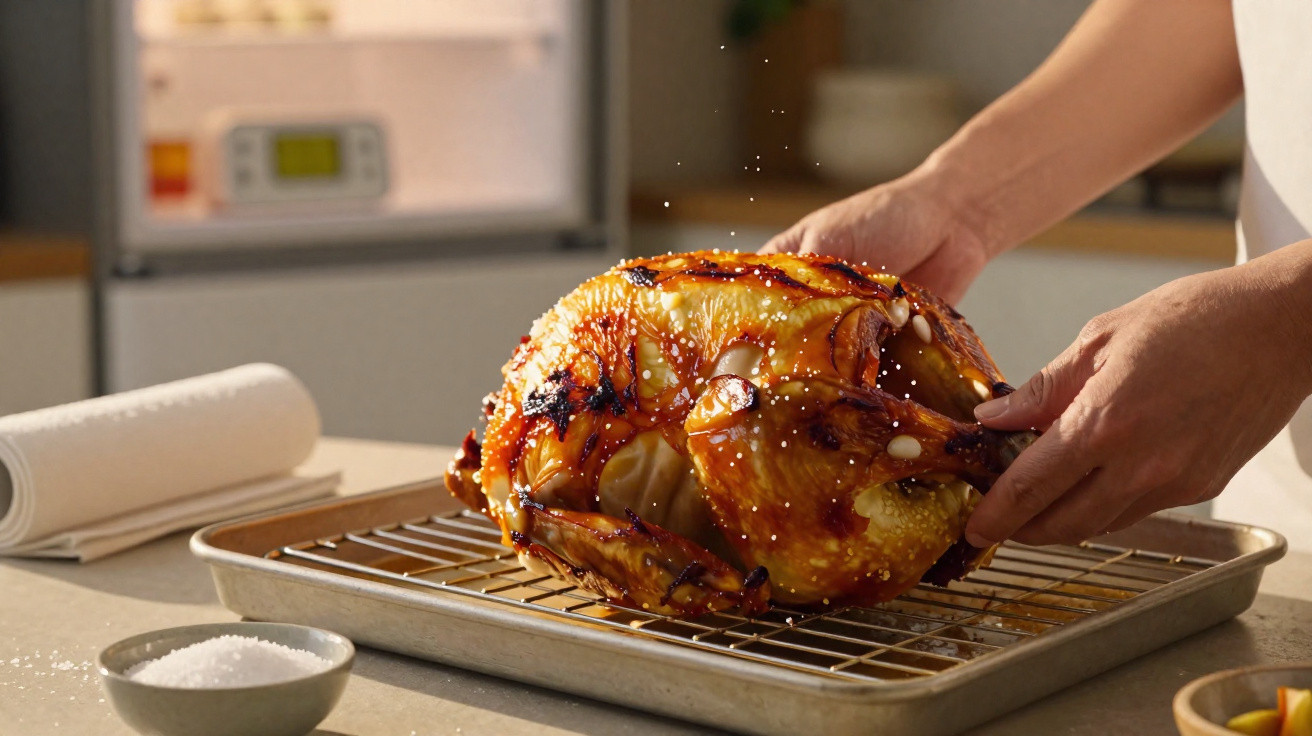 Pessoa a pegar frango assado dourado numa grelha dentro de tabuleiro de forno numa cozinha.
