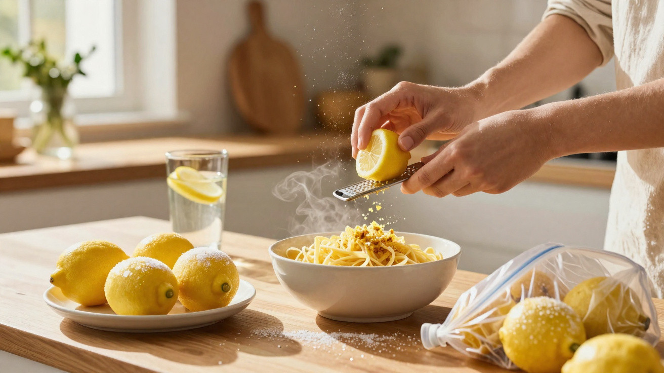 Pessoa a ralar limão sobre prato de massa fumegante numa cozinha iluminada natural.