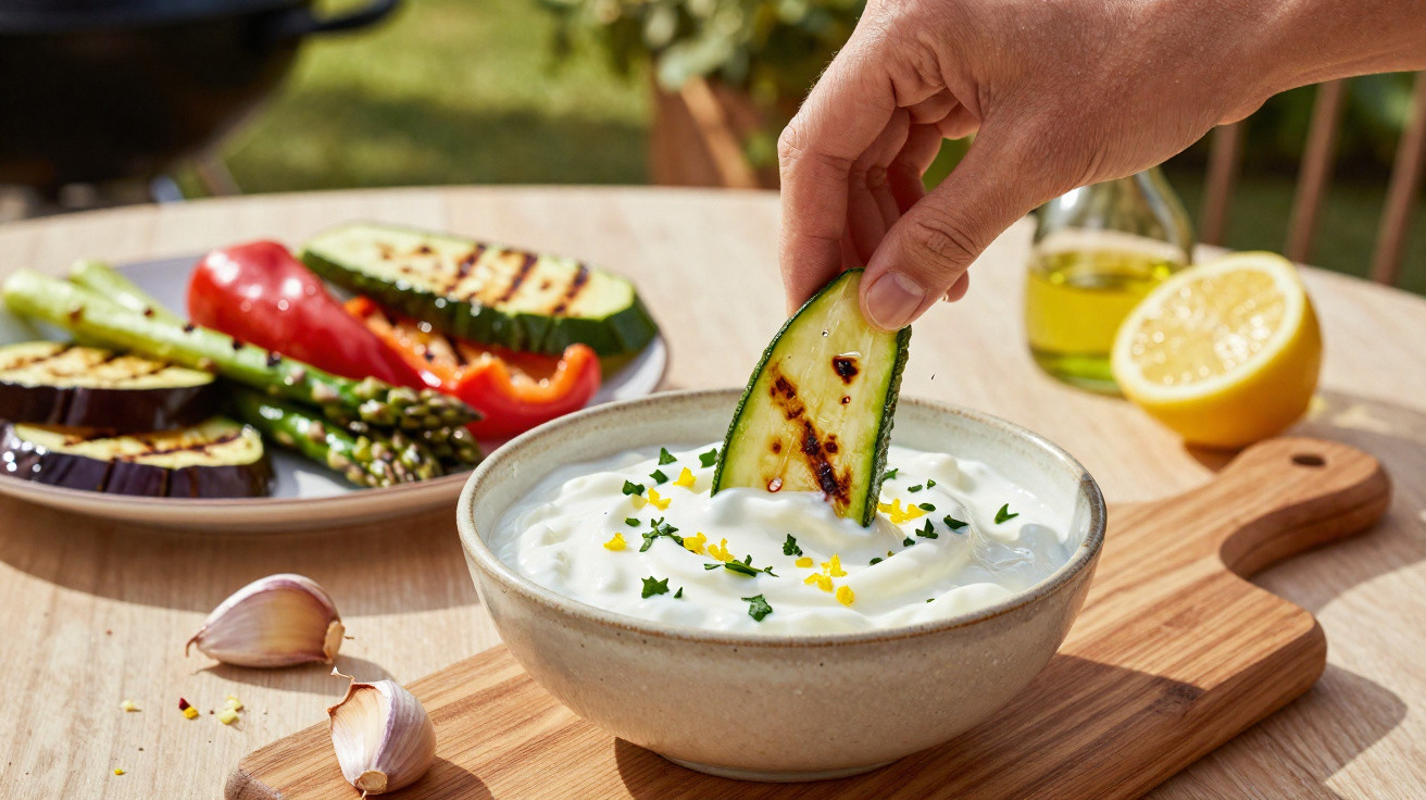 Mão a mergulhar fatia de curgete grelhada em molho branco com ervas, com legumes grelhados ao fundo.