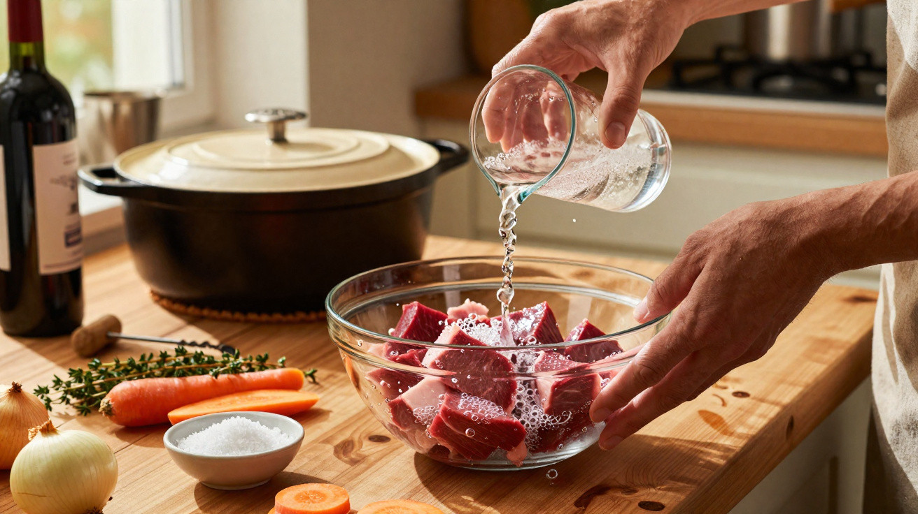 Pessoa a verter água numa taça com cubos de carne crua numa cozinha com legumes e ervas na bancada.