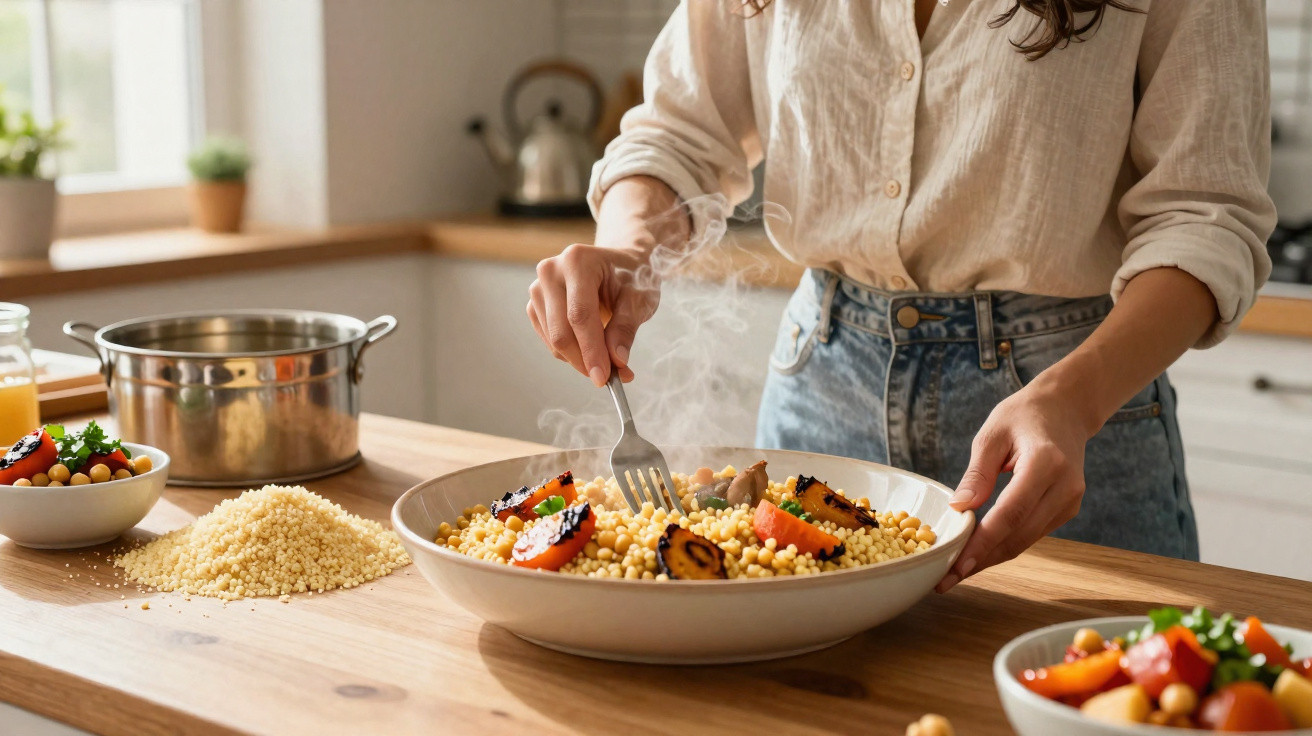 Pessoa a preparar prato de cuscuz com legumes grelhados numa cozinha moderna e iluminada.