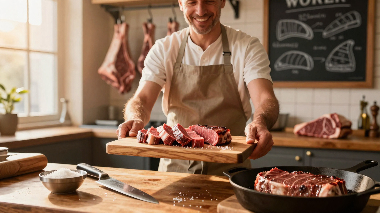 Homem numa cozinha a preparar bifes de carne vermelha fresca numa tábua de madeira.