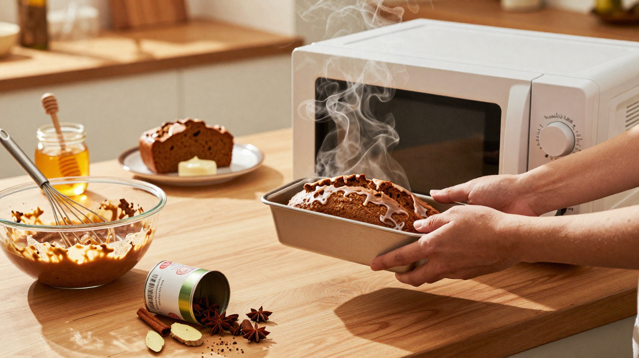 Mãos retiram bolo quente e fumegante do forno, com especiarias e ingredientes na bancada de cozinha.