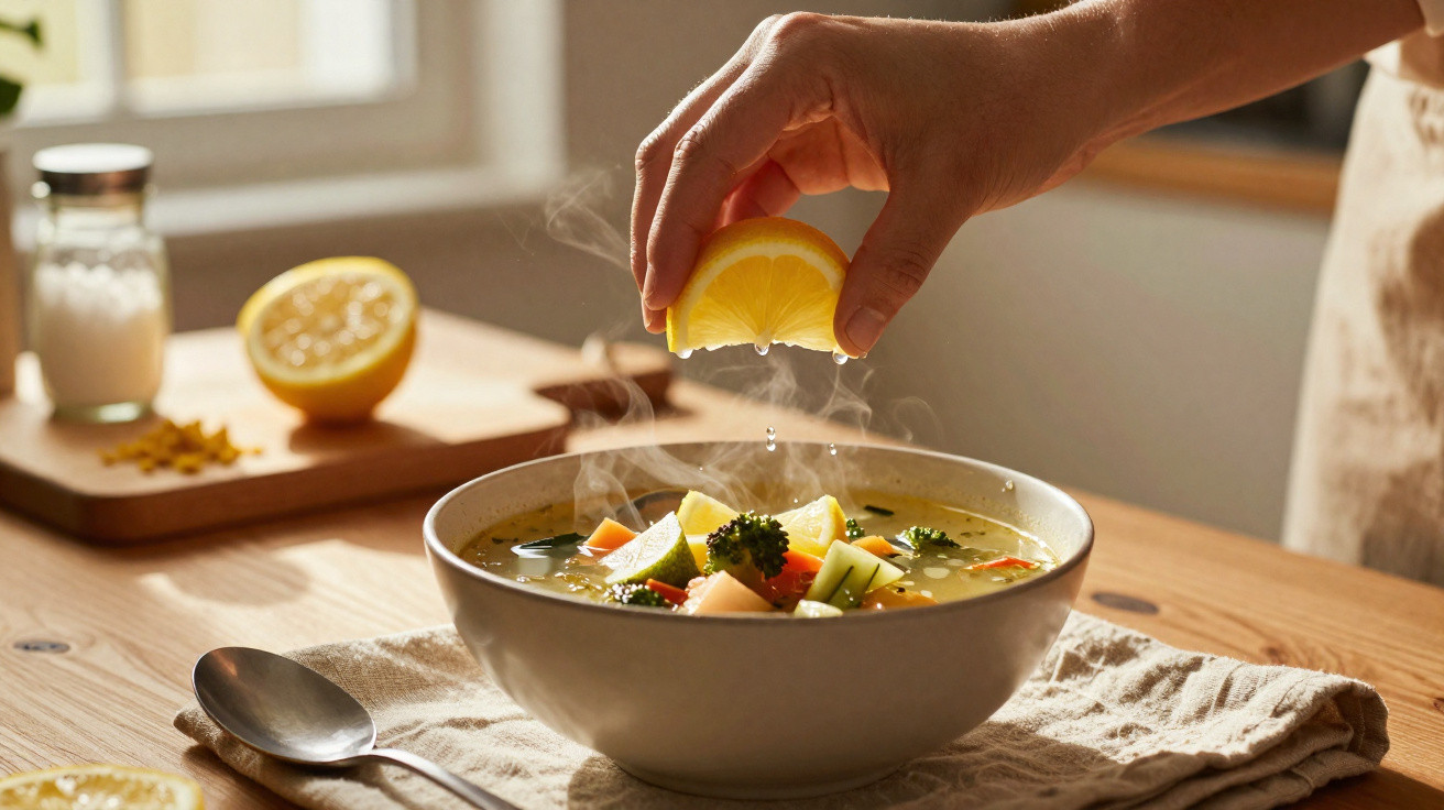 Mão a espremer limão sobre uma tigela de sopa de legumes quente numa mesa de madeira.