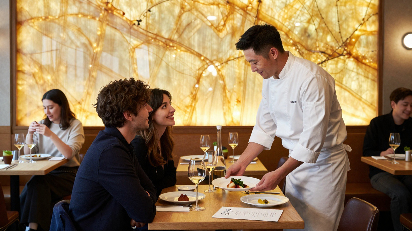 Chef a servir pratos a um casal sentado numa mesa num restaurante elegante com iluminação quente.
