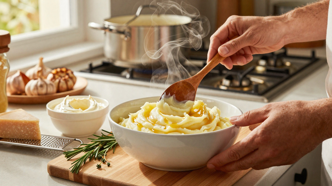 Mãos mexendo puré de batata fumegante com colher de pau numa taça, com ervas e ingredientes na bancada da cozinha.