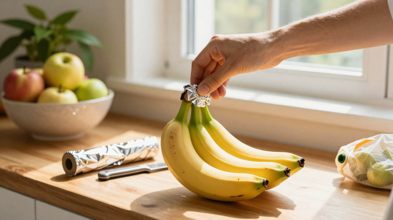 Mão a tapar o cacho de bananas com papel alumínio numa cozinha iluminada pela janela.