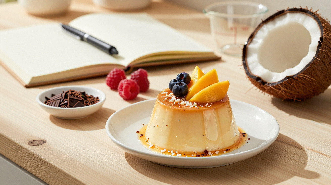 Pudim com caramelo, frutas frescas e coco, junto a framboesas, chocolate, copo medidor e caderno aberto numa mesa de madeira.