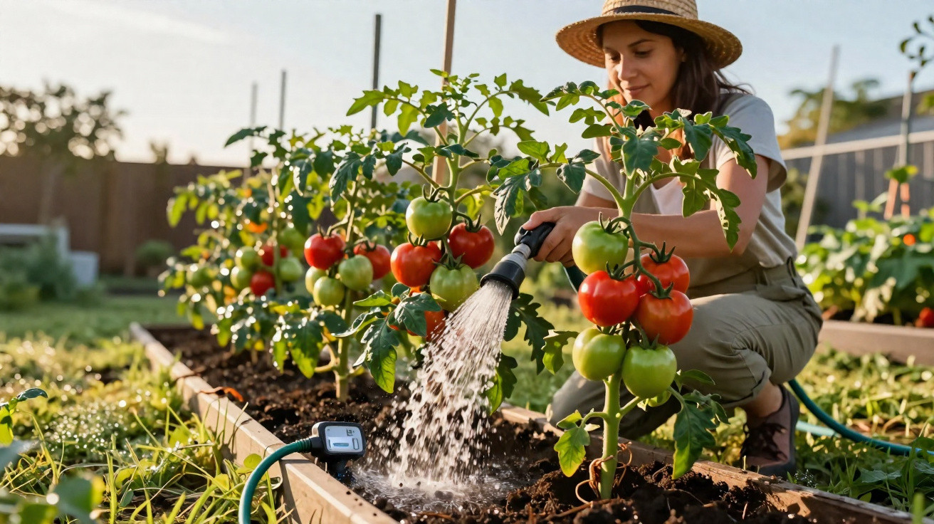 Mulher a regar plantas de tomateiras com frutos maduros e verdes numa horta ao ar livre.