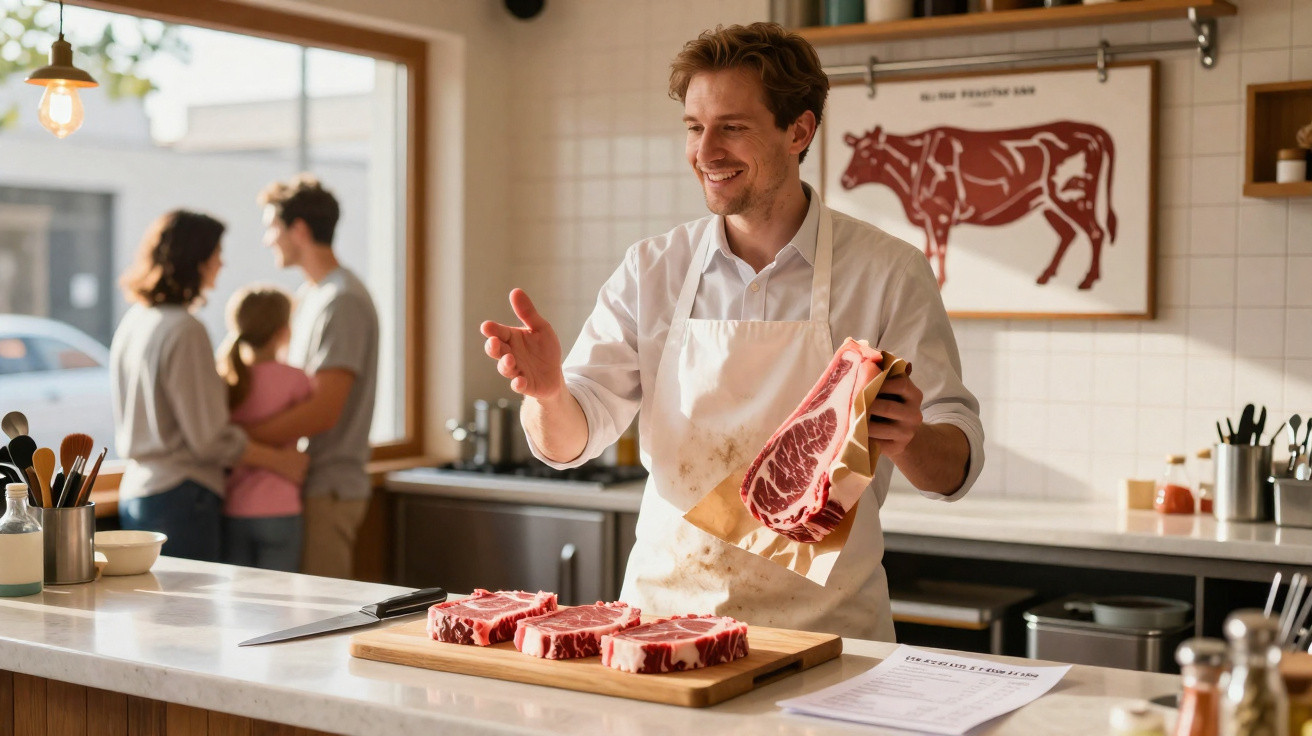 Talhante sorridente a apresentar um bife cru num talho, com uma família ao fundo numa janela.
