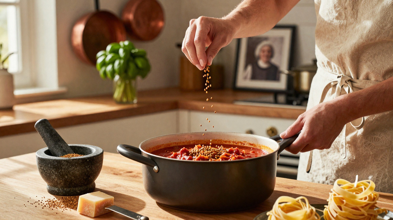 Pessoa a temperar molho de tomate numa panela numa cozinha com ervas e massa fresca sobre a bancada.