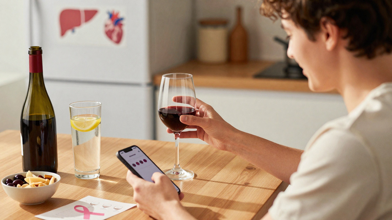 Pessoa a segurar copo de vinho tinto e usar telemóvel, numa cozinha com garrafa de vinho e snacks na mesa.